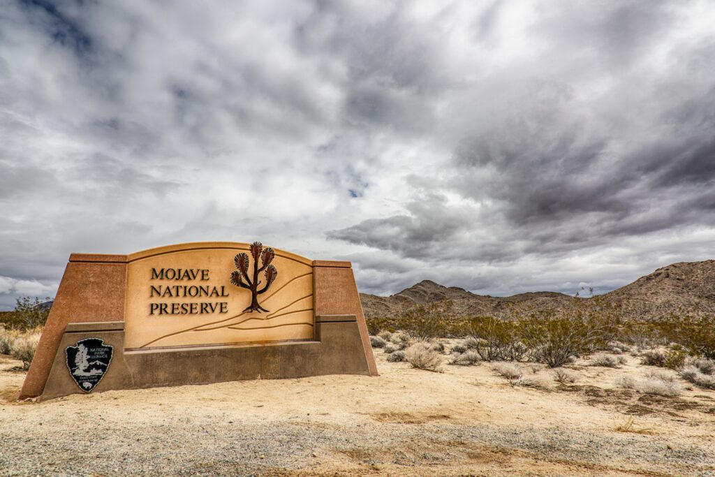 Kelso, United States - January 31, 2015:  The sign at the northern perimeter of the Mojave National Preserve located near Kelso, California in the eastern portion of San Bernadino County.