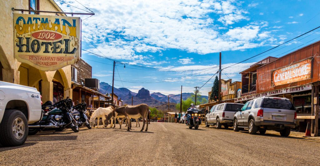 Panoramic view of Oatman - a historic ghost town in Arizona, USA. Picture made during a motorcycle road trip through the western us states.