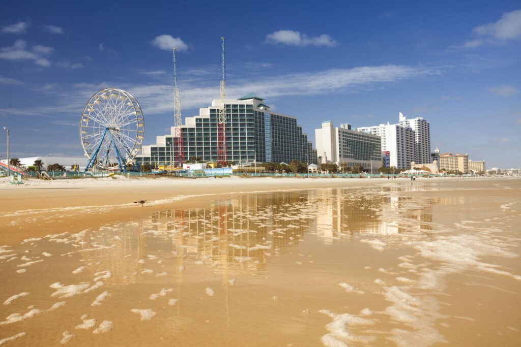 Daytona Beach Florida amusement park and hotels on the sandy Atlantic Ocean beachfront USA