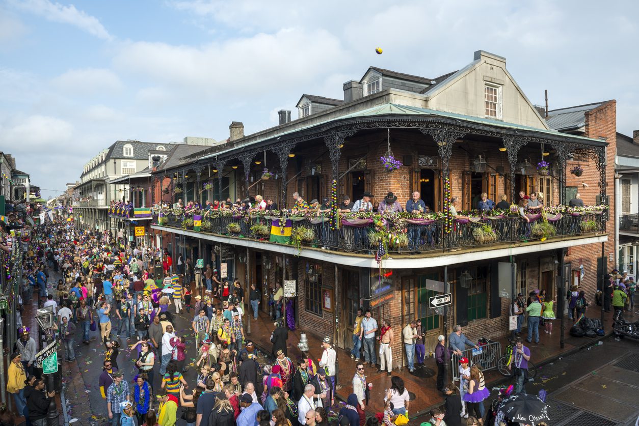 Crowds in the French Quarter during Mardi Gras 2013 in New Orleans, Louisiana